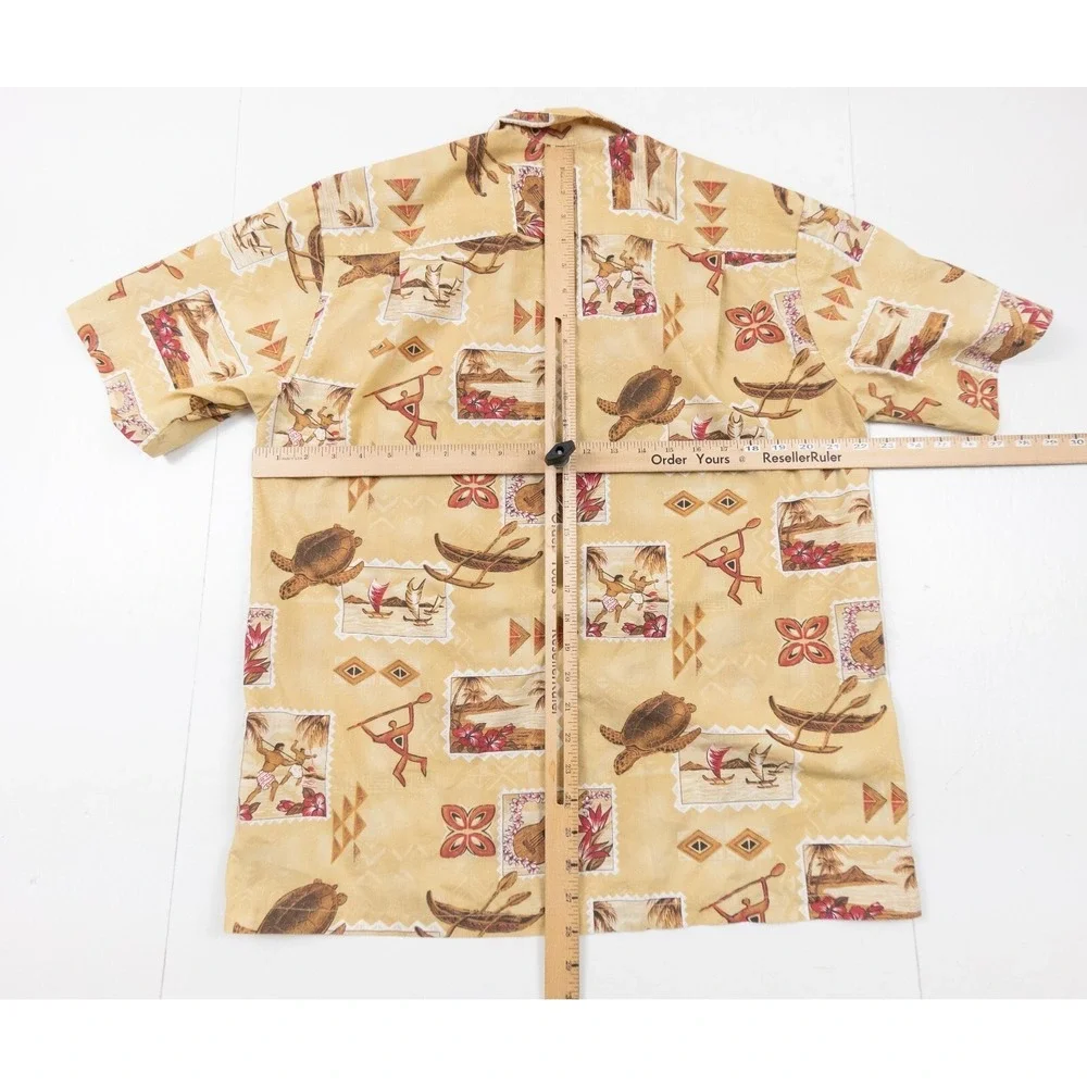 Ho Aloha Shirt Mens Medium Beige Hawaiian Button Up Short Sleeve Turtle Collared